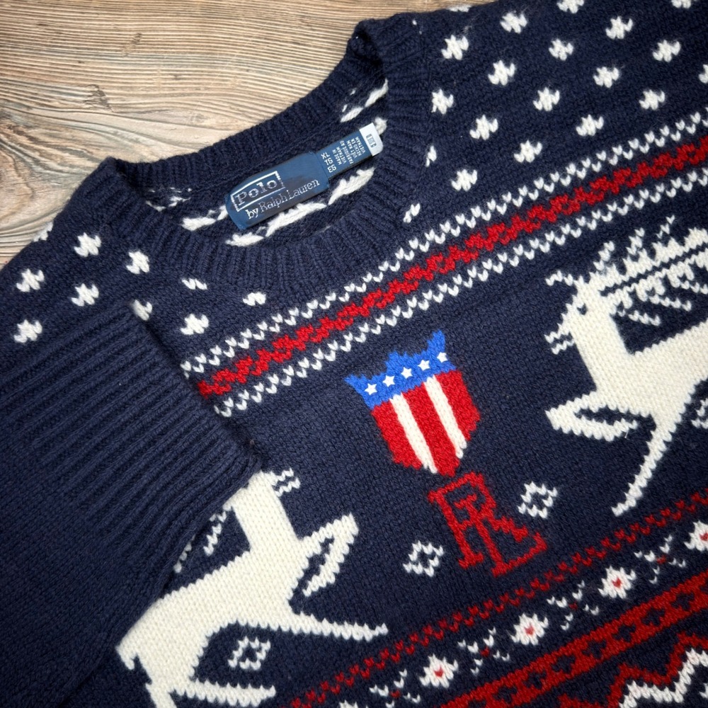Polo Ralph Lauren Mens Size XL Sweater Navy Reindeer Fair Isle Wool Crest